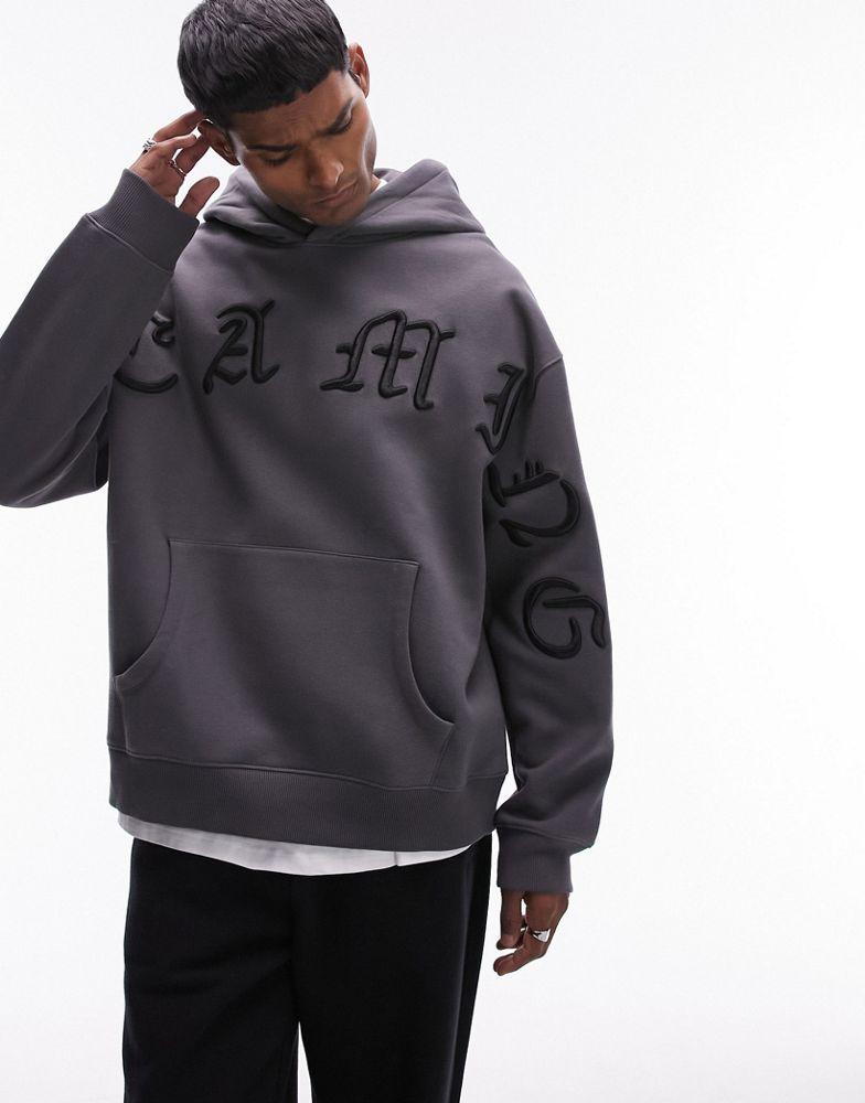 Topman Topman oversized fit hoodie with front Dreaming embroidery in charcoal