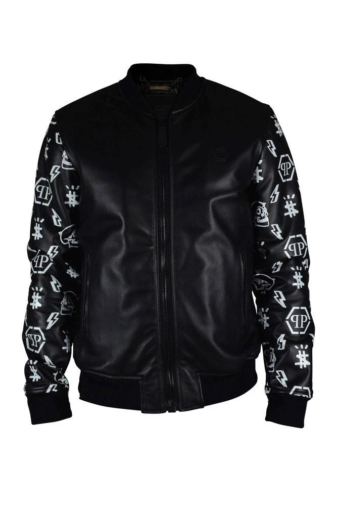 Philipp Plein Black Leather Bomber Jacket With Graphic Sleeves
