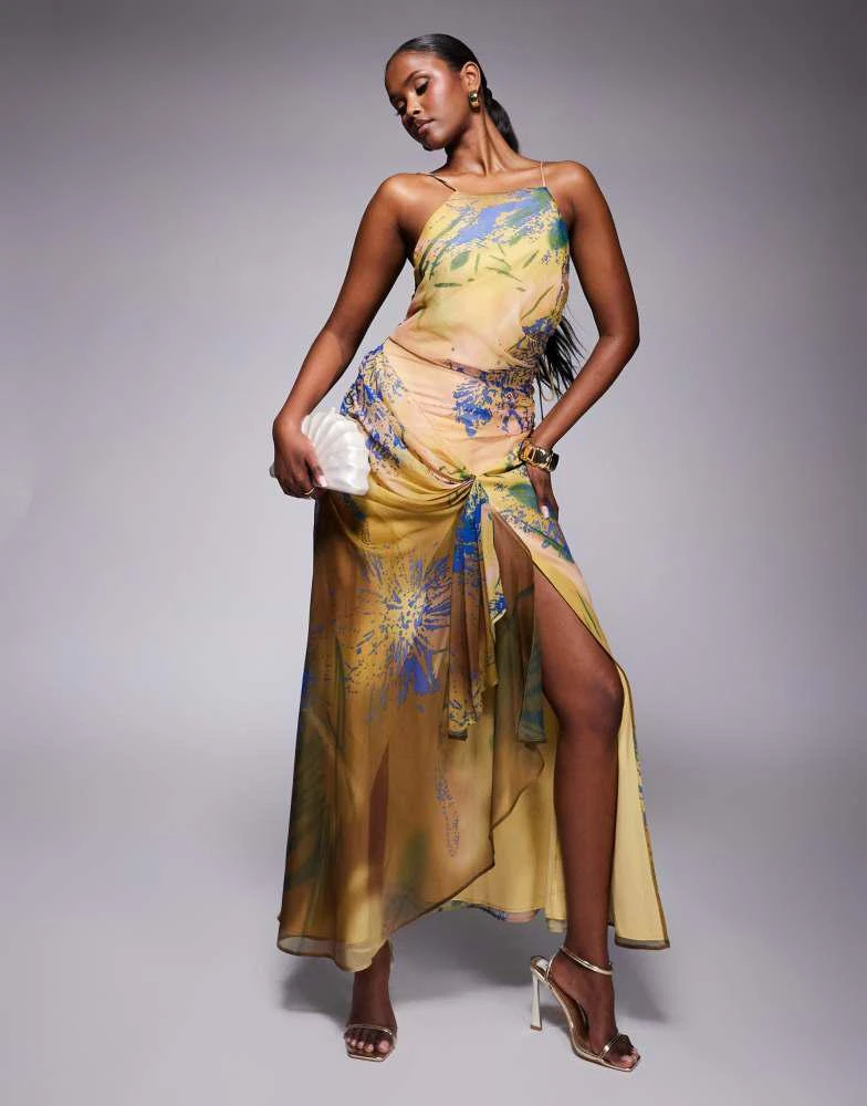 chinese dress ladies Pink and Purple Abstract Floral Maxi Dress main image 1