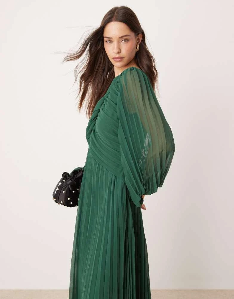ASOS ASOS DESIGN twist detail wrap front pleated midi dress in forest green 2