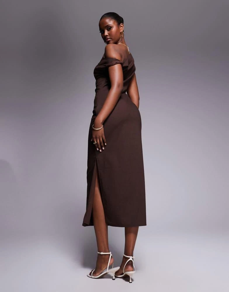 Kaiia exclusive linen look off the shoulder twist detail midi dress in chocolate brown