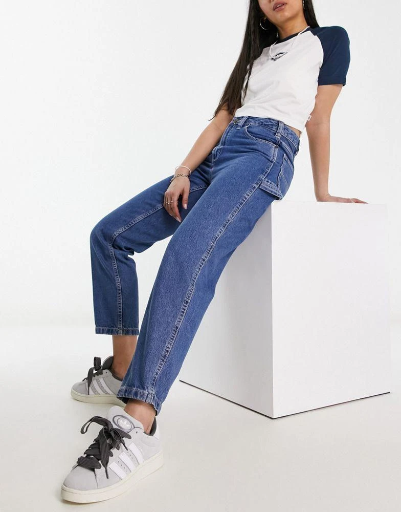 DICKIES Dickies ellendale mid rise straight fit denim mom jeans in classic blue 1