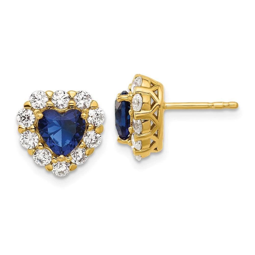 Diamond2Deal 14k Yellow Gold 1 1/3 Ct Lab Grown Diamond and Created Sapphire Halo Heart Stud Earrings