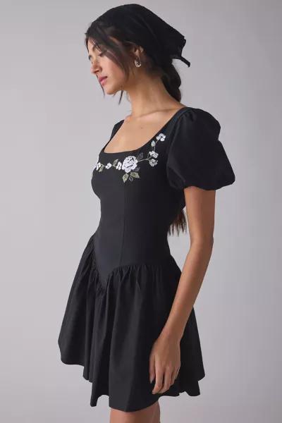 Kiss The Sky Kiss The Sky Floral Embroidered Puff Sleeve Open Bow-Back Mini Dress