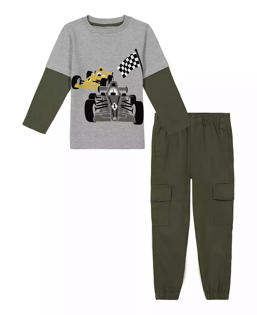 KIDS HEADQUARTERS Toddler and Little Boys Twofer Sleeve Racing Tee Twill Cargo Joggers