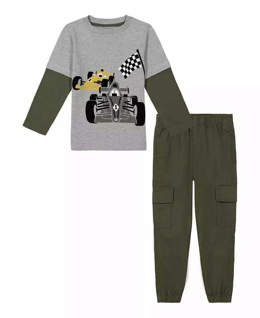 KIDS HEADQUARTERS Toddler and Little Boys Twofer Sleeve Racing Tee Twill Cargo Joggers 1
