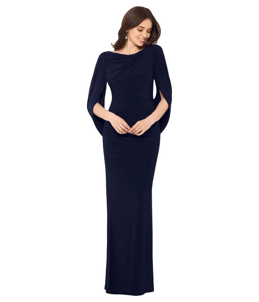 Betsy & Adam Long Jersey Ruched Drape Back Dress 1