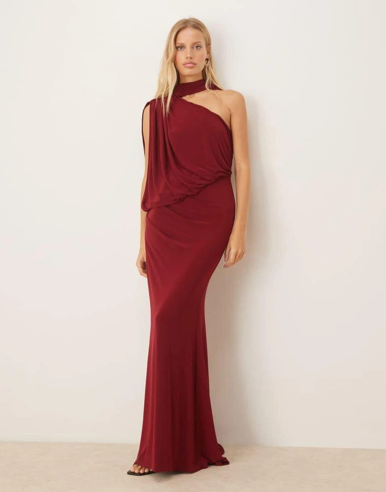 strapless open back dress Asymmetrical Pleated Maxi Dress in Wine main image 0