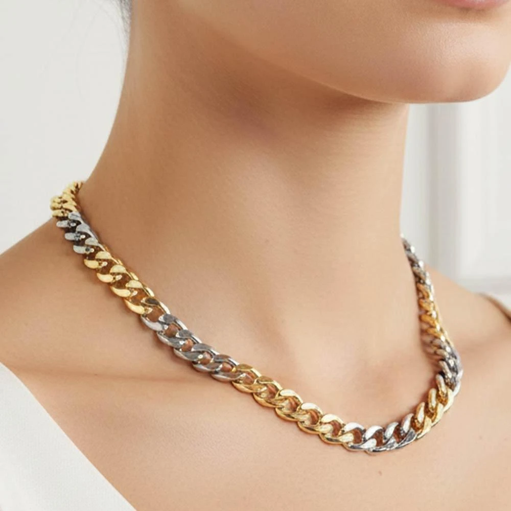 FASHNZFAB Gold Dipped Bold Two Tone Cuban Chain Necklace