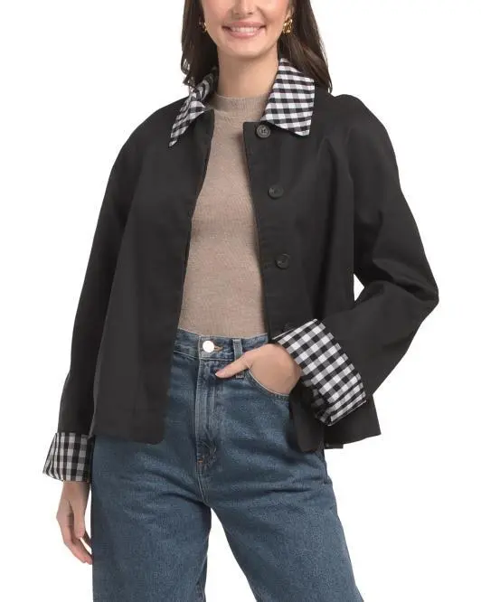 BAGATELLE COLLECTION Cropped Trench Jacket With Gingham Collar