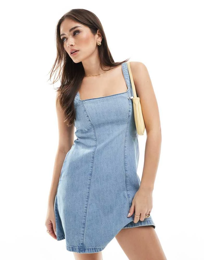 HOLLISTER Hollister square neck tie back structured mini dress in denim 1