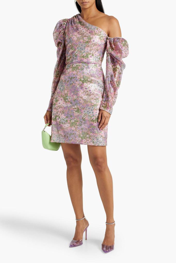 LES RÊVERIES One-shoulder floral-print sequined tulle mini dress