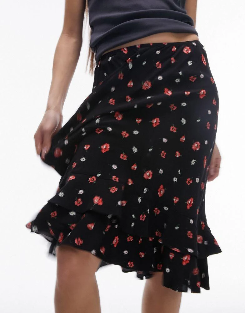 Topshop Topshop double ruffle knee length skirt in red and black floral 2