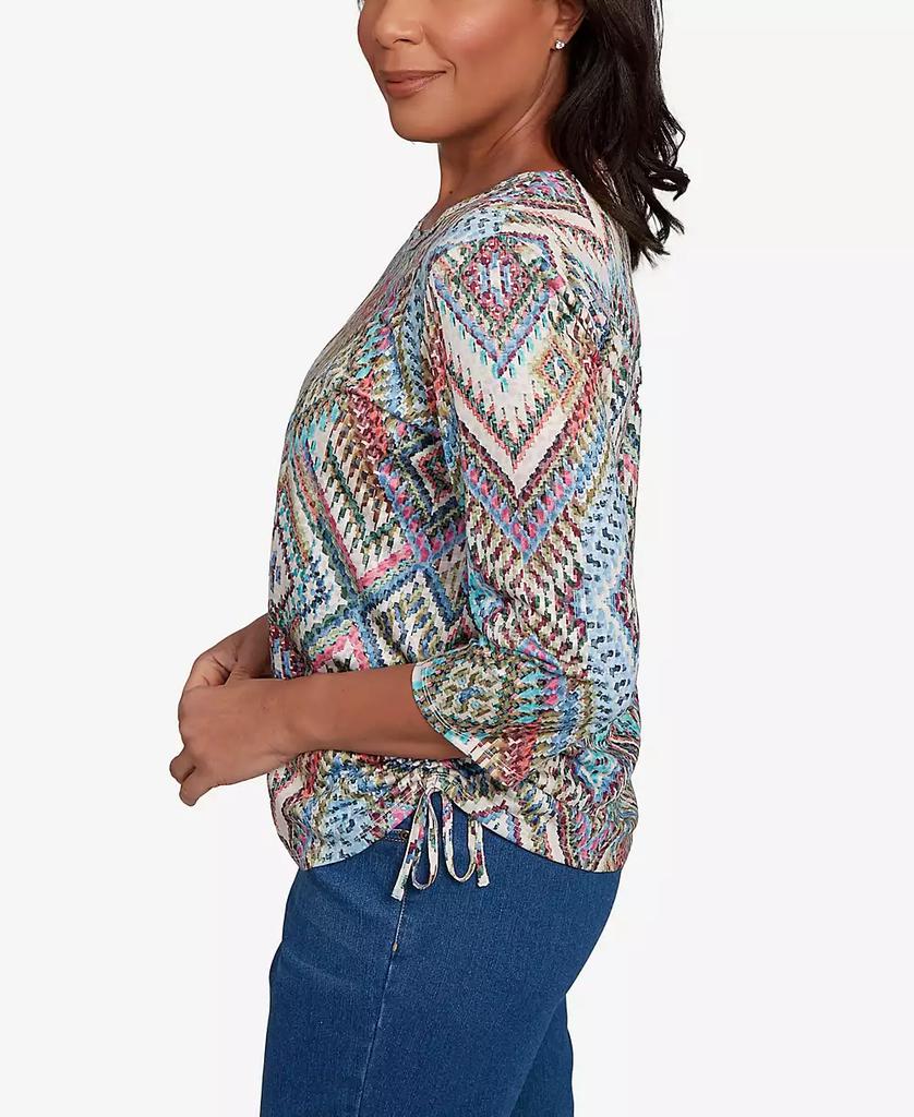 Alfred Dunner Petite El Paso Ikat Diamond Detailed Crew Neck Top