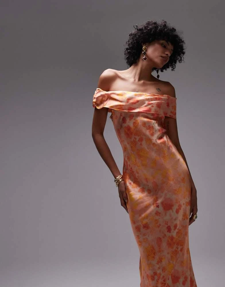 Topshop Topshop drape shoulder maxi occasion dress in blurred orange floral 2