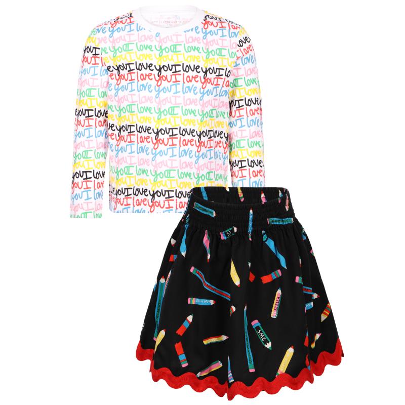 Stella McCartney Kids I love you organic cotton long sleeved t shirt and colored pencils print twill skirt set in white and black