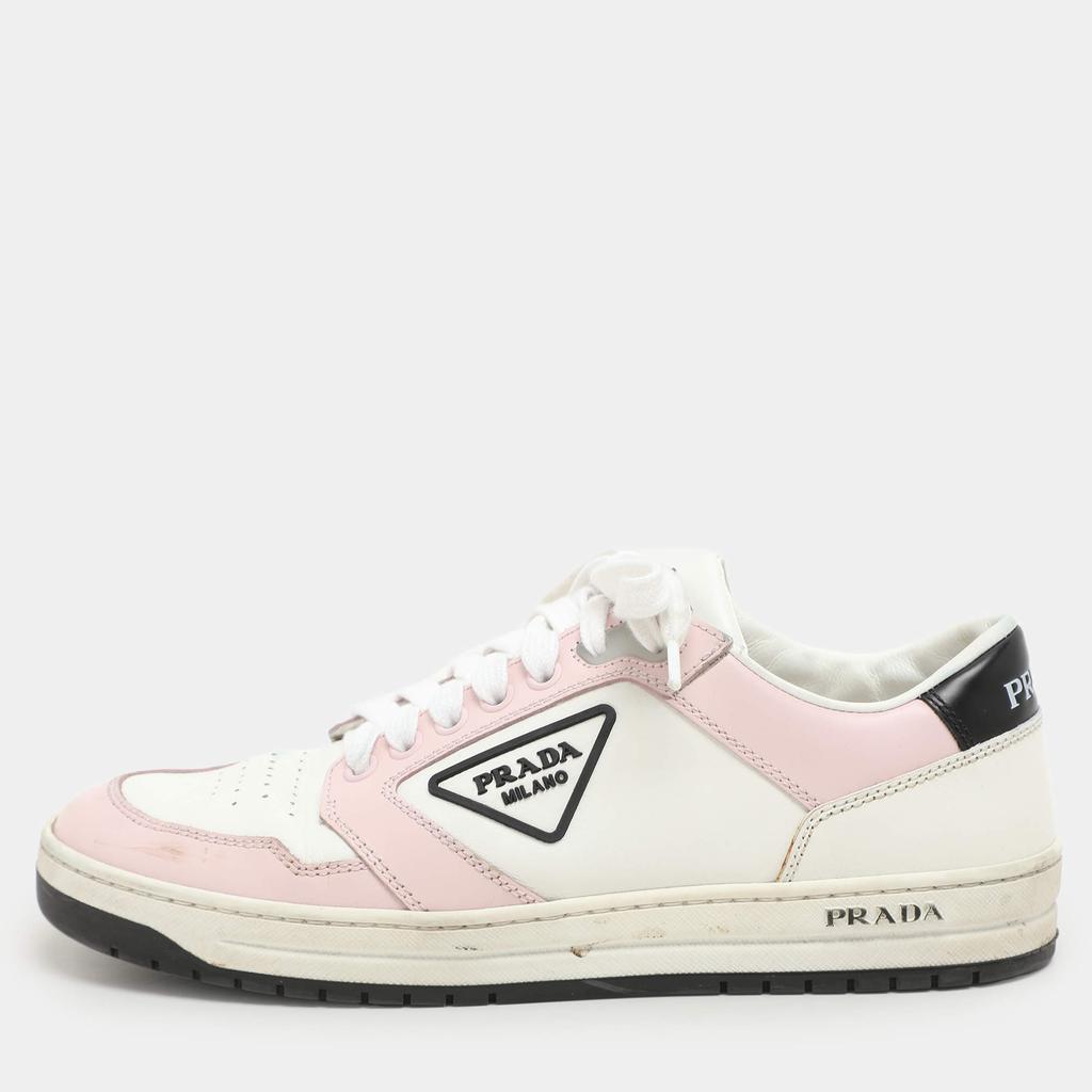 Shop Prada White/Pink Leather Low Top Sneakers Size 38 on Sale at