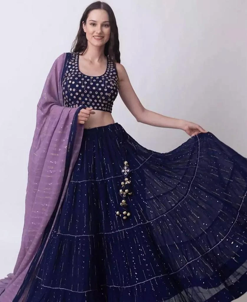 RAAS Women
s Navy Blue Lehenga Choli Set with Tiered Skirt and Mirror Work Blouse