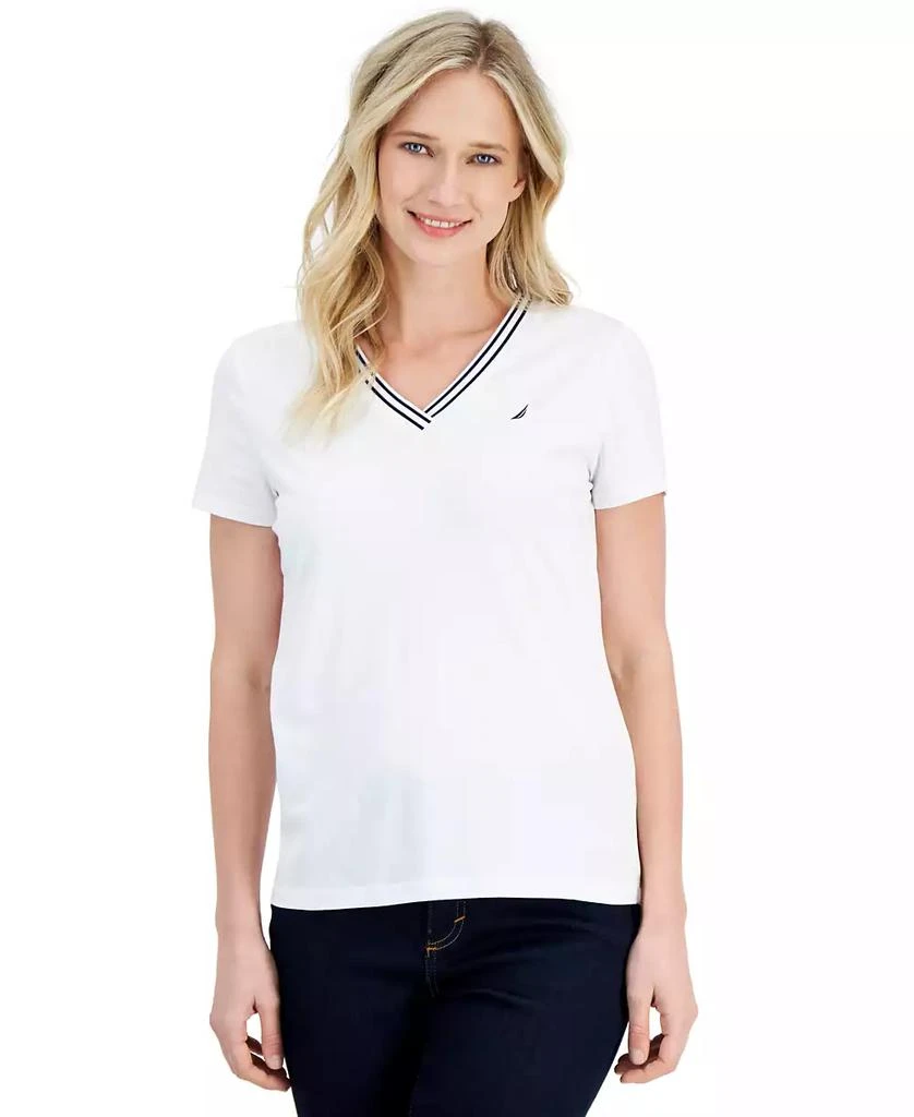 Nautica Jeans Women's Solid Stripe-Trim V-Neck 1