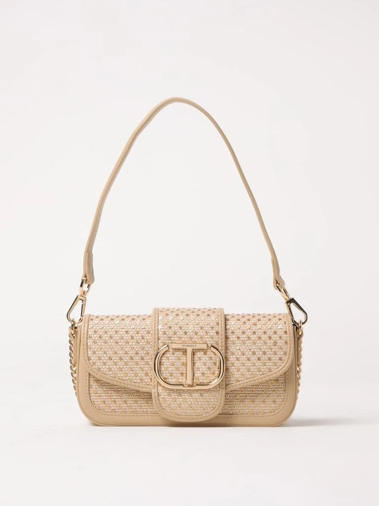 TWINSET Twinset synthetic leather and raffia shoulder bag with embroidered sequins 1