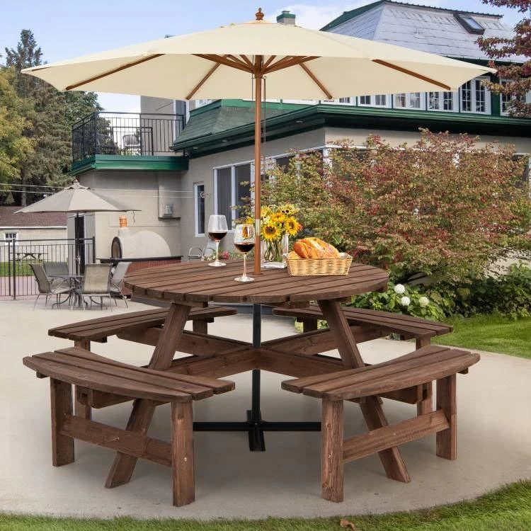Hivvago Espresso Wooden 8 Seater Picnic Table Umbrella Hole 2