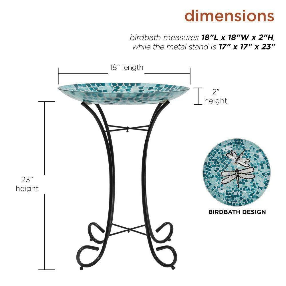 Hivvago Teal Green Blue White Mosaic Glass Birdbath Bowl with Black Metal Stand 5