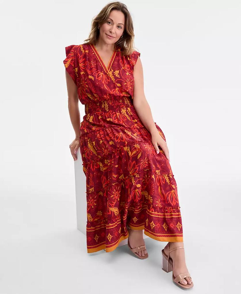 Vince Camuto Plus Size Printed Smocked-Waist Flutter-Sleeve Maxi Dress
