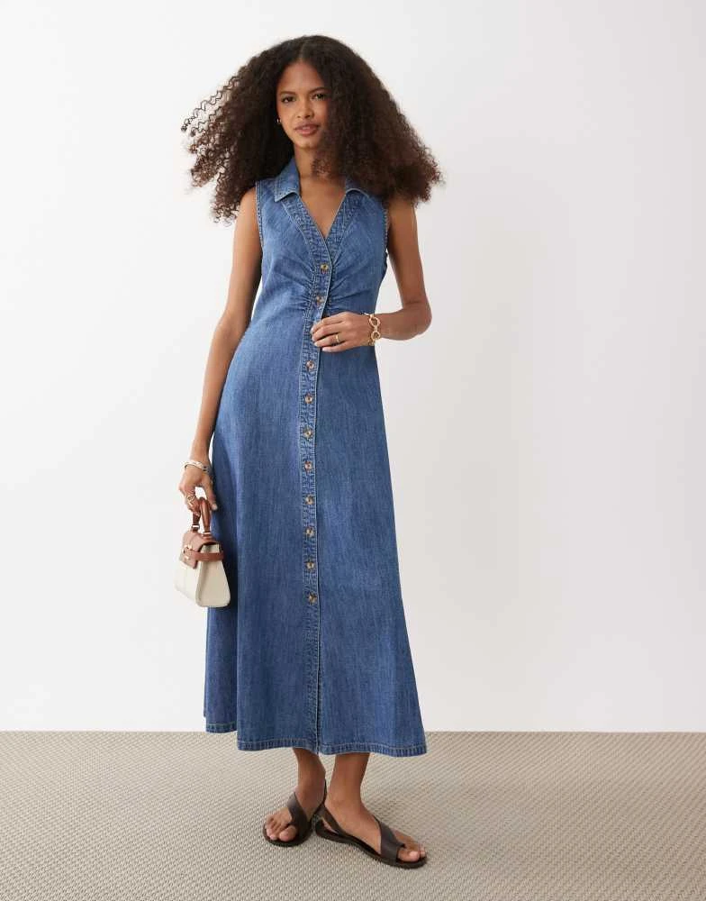 new look denim midi dress Navy Stretch Denim Square Neck Bodycon Midi Dress