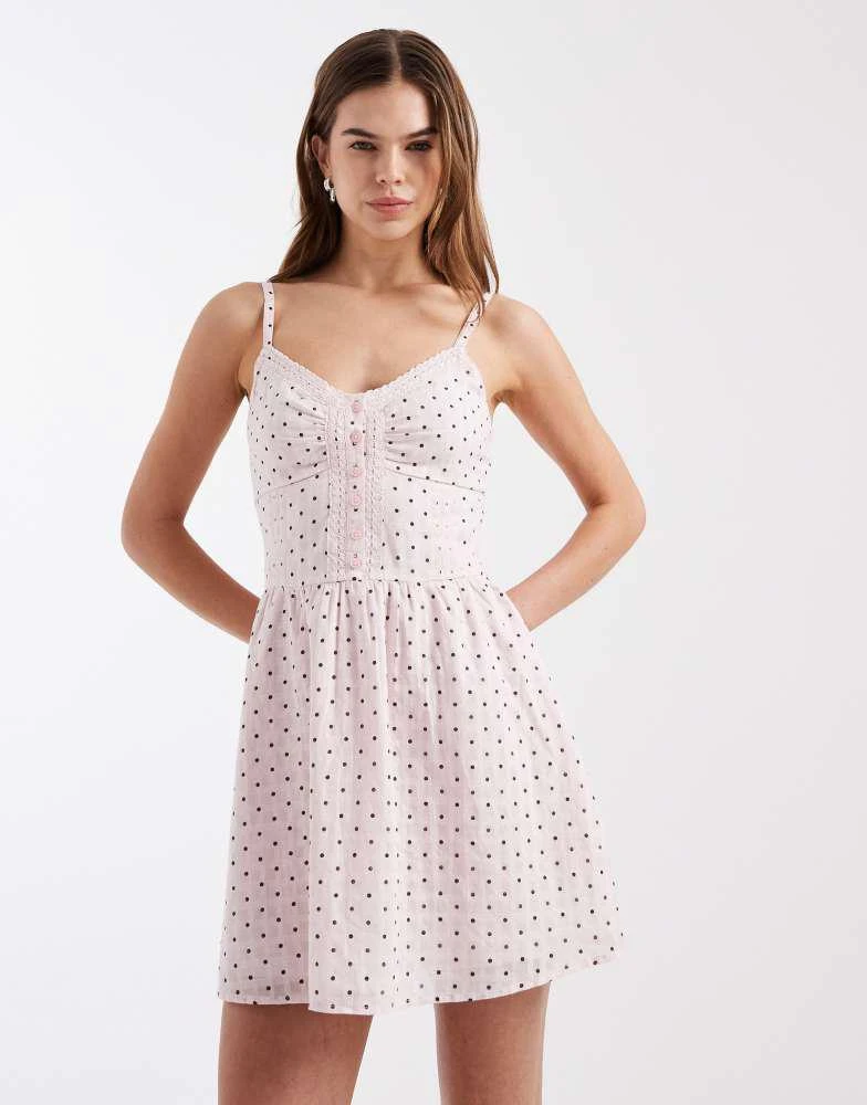 HOLLISTER Hollister strappy button front mini dress in pink polka dot