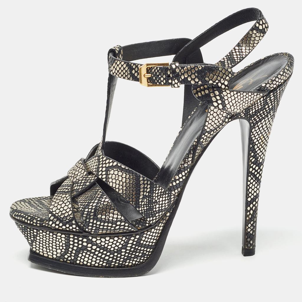 Saint Laurent Paris Saint Laurent Black/Gold Texture Leather Tribute  Ankle Strap Sandals Size 36