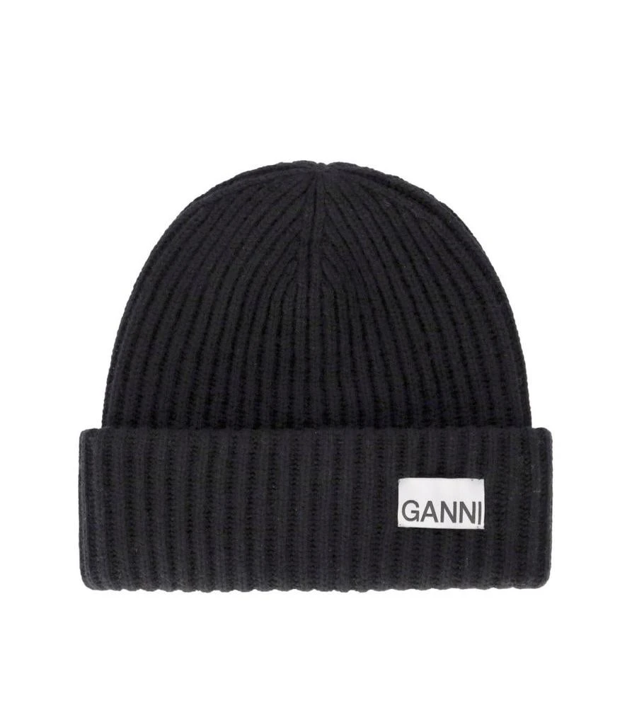 Ganni Ganni Black Oversize Ribbed Beanie 1