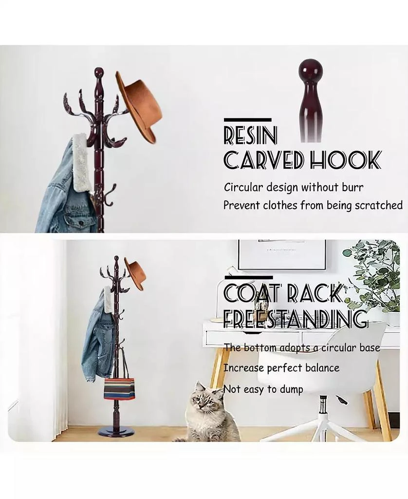 YIGII Wooden Coat Rack with Tree Design, 14 Hooks, Sturdy Base, Vintage Style 3