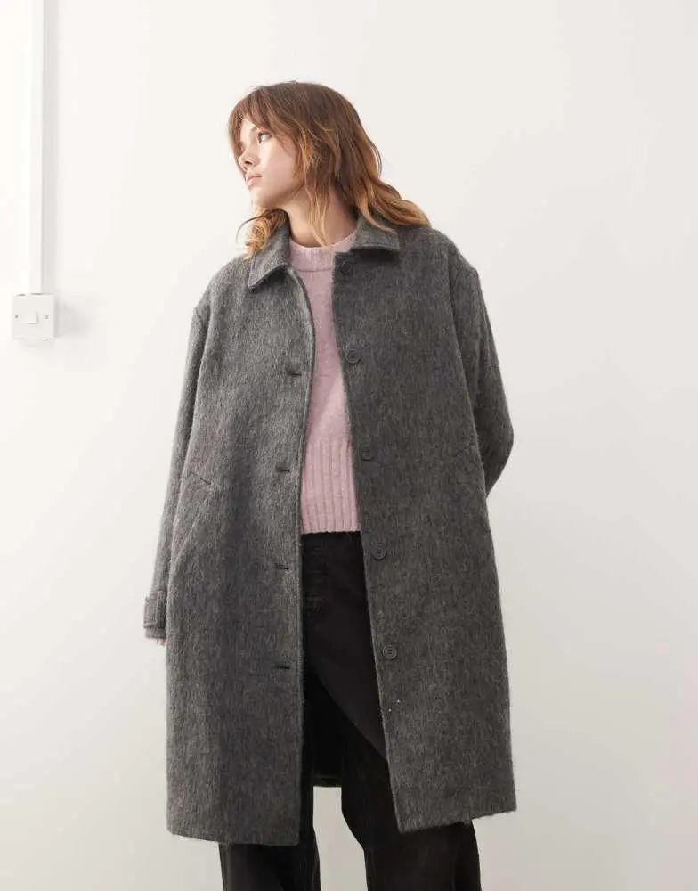Monki Monki longline coat with wool in dark grey