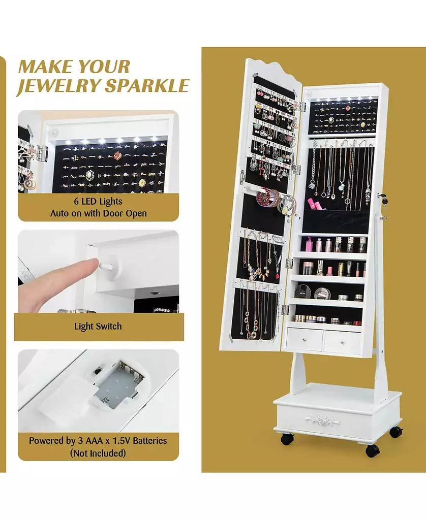 GOUUN Rolling Floor Standing Mirrored Jewelry Armoire with Lock and Drawers 3