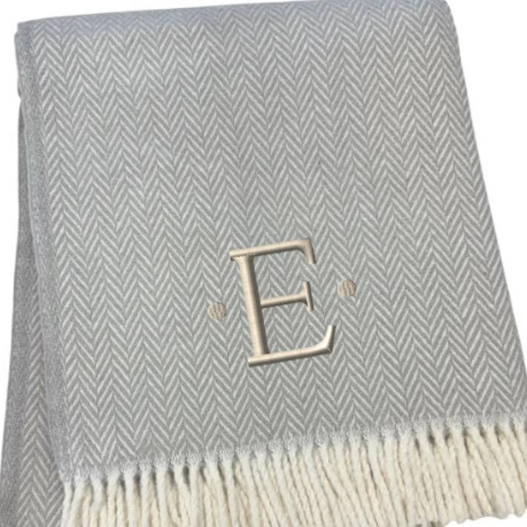 Hivvago 55" X 70" Gray And White Herringbone Cotton Blend E Initial Throw Blanket with Tassels And Embroidery 5