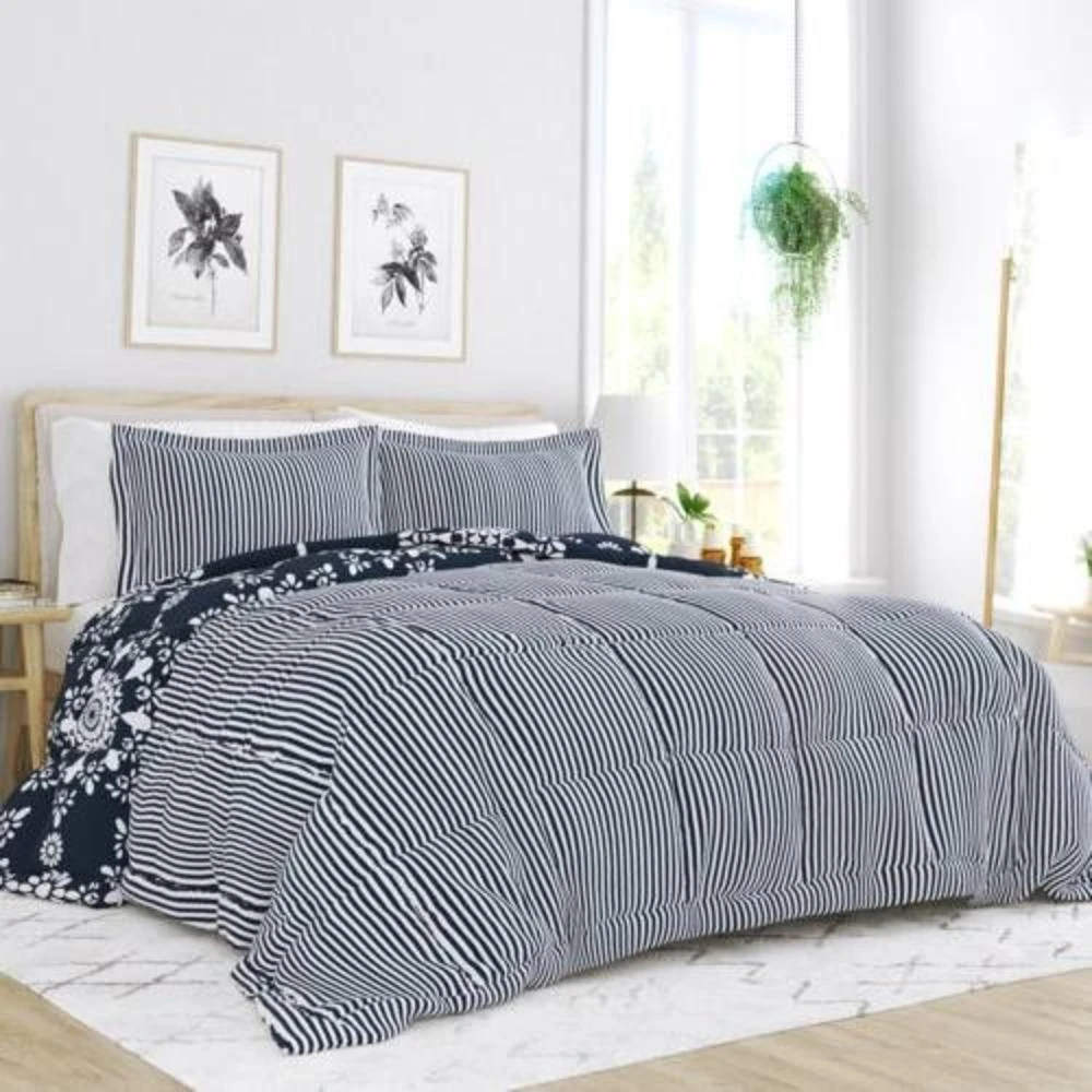 Hivvago Twin size 2-Piece Navy Blue White Reversible Floral Striped Comforter Set 2