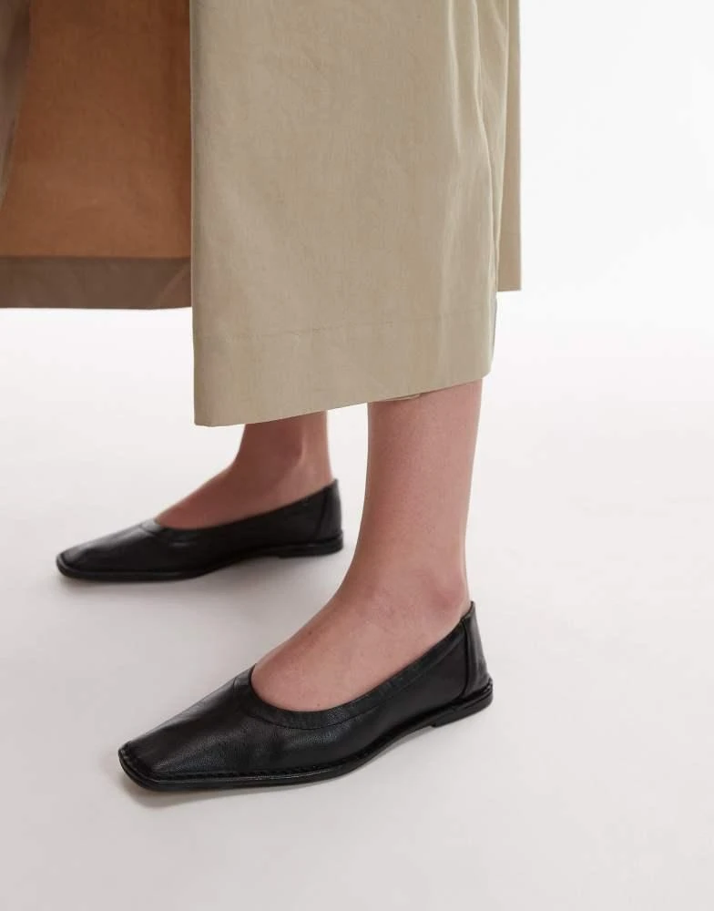 Topshop Topshop Casey premium leather square toe ballet flats with ruched detail in black 1
