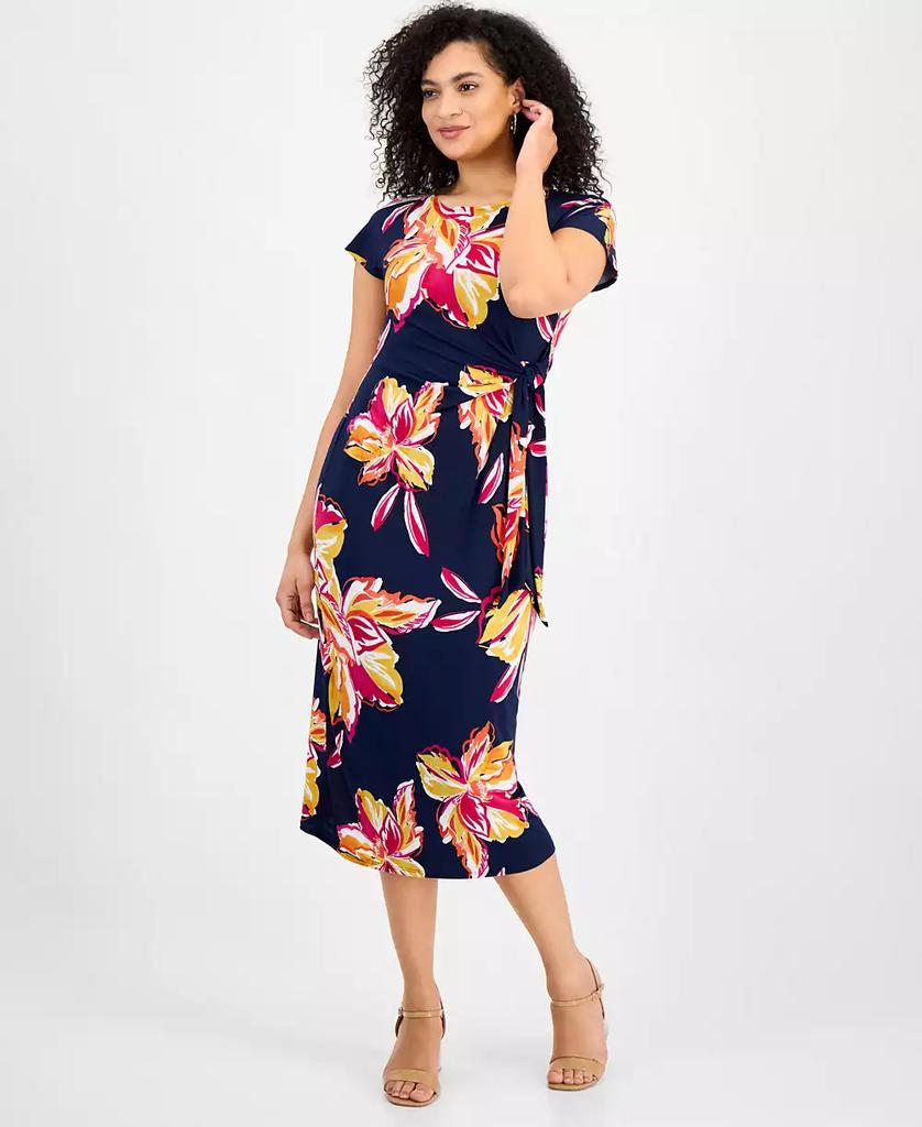 Robbie Bee Women's Floral Tie-Waist Short-Sleeve Midi Dress