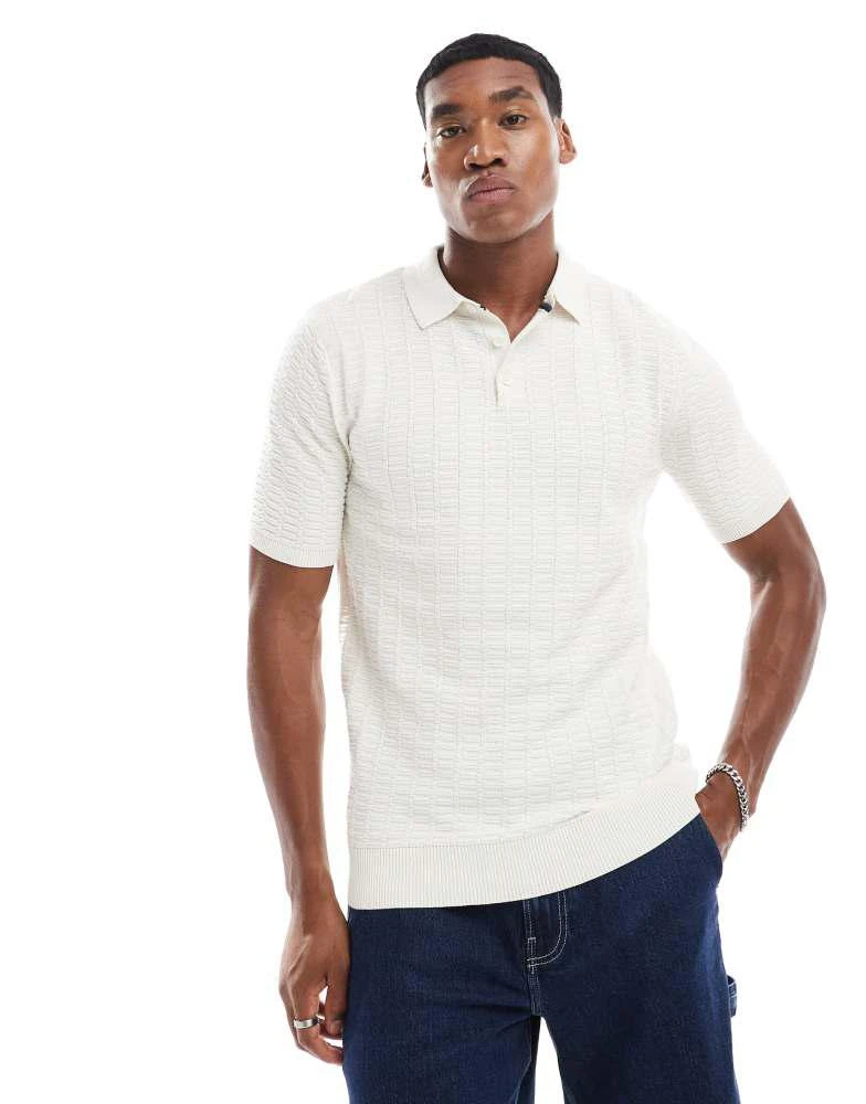Threadbare Threadbare Cotton mix short sleeve textured knitted polo shirt in ecru 1