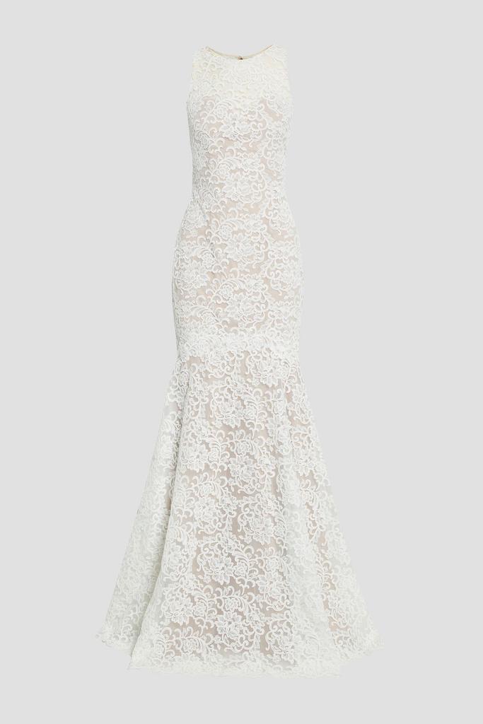 Theia Button-embellished tulle and corded lace bridal gown