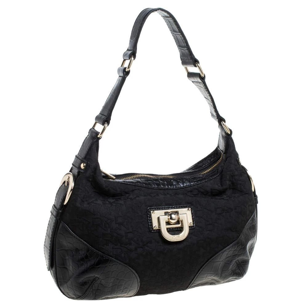 DKNY Dkny Black Signature Canvas and Croc Embossed Leather Buckle Hobo 3
