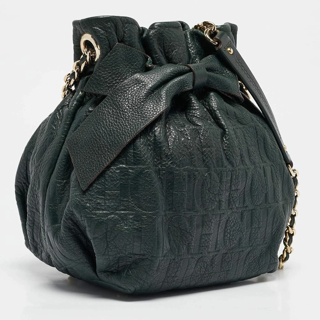 CH Carolina Herrera CH Carolina Herrera Green Monogram Embossed Leather Bow Bucket Bag 3