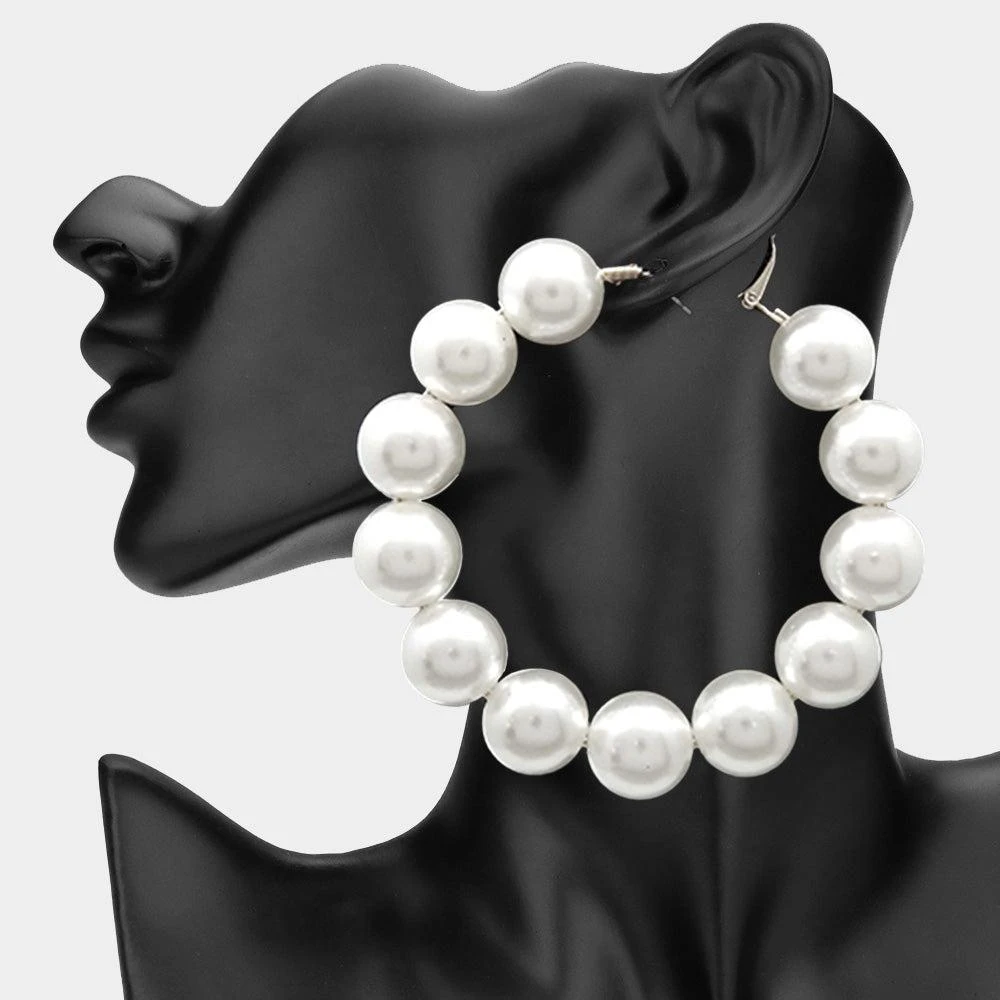 FASHNZFAB Oversized Pearl Hoop Earrings - Cream, Gold