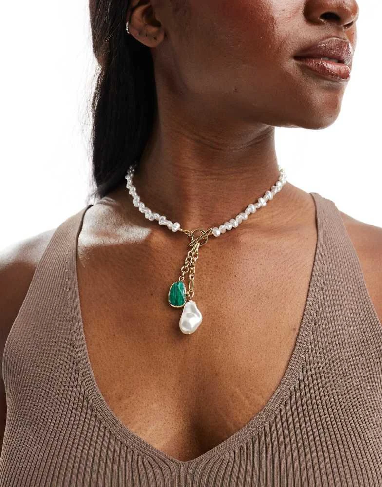 ASOS ASOS DESIGN necklace with faux freshwater pearl and malachite style charm in gold tone 4