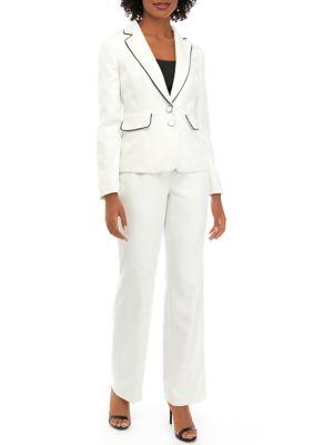 Le Suit Suit Womens Birdseye Jacquard Two Button Piped Jacket And Pants Set