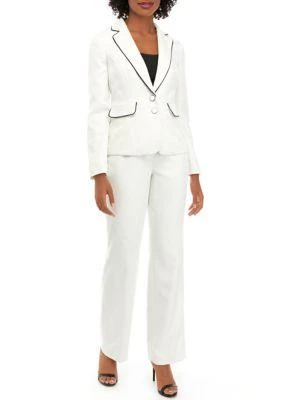 Le Suit Suit Womens Birdseye Jacquard Two Button Piped Jacket And Pants Set 1