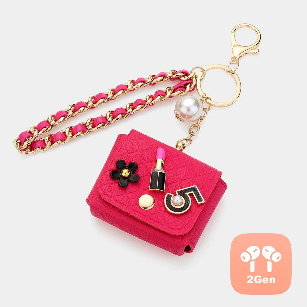 FASHNZFAB Pearl Pointed Number Five Lipstick Flower Charm Deco Faux Leather Mini Bag With Wristlet Airpod Pro Case / Keychain