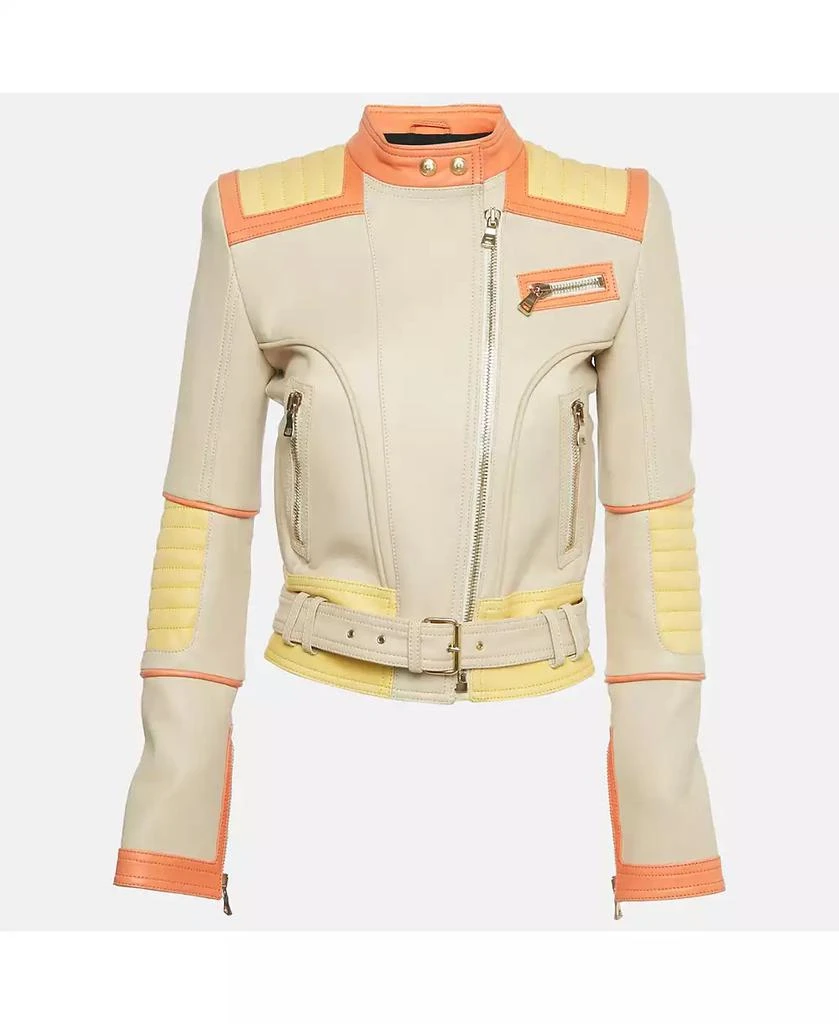 Pre-Owned Balmain Women
s Beige Leather Zip Up Biker Jacket
