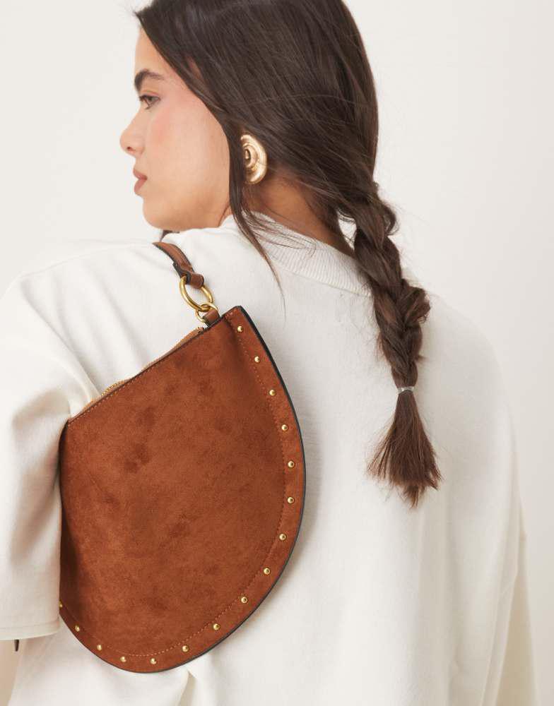 ASOS ASOS DESIGN faux suede scoop studded shoulder bag in tan