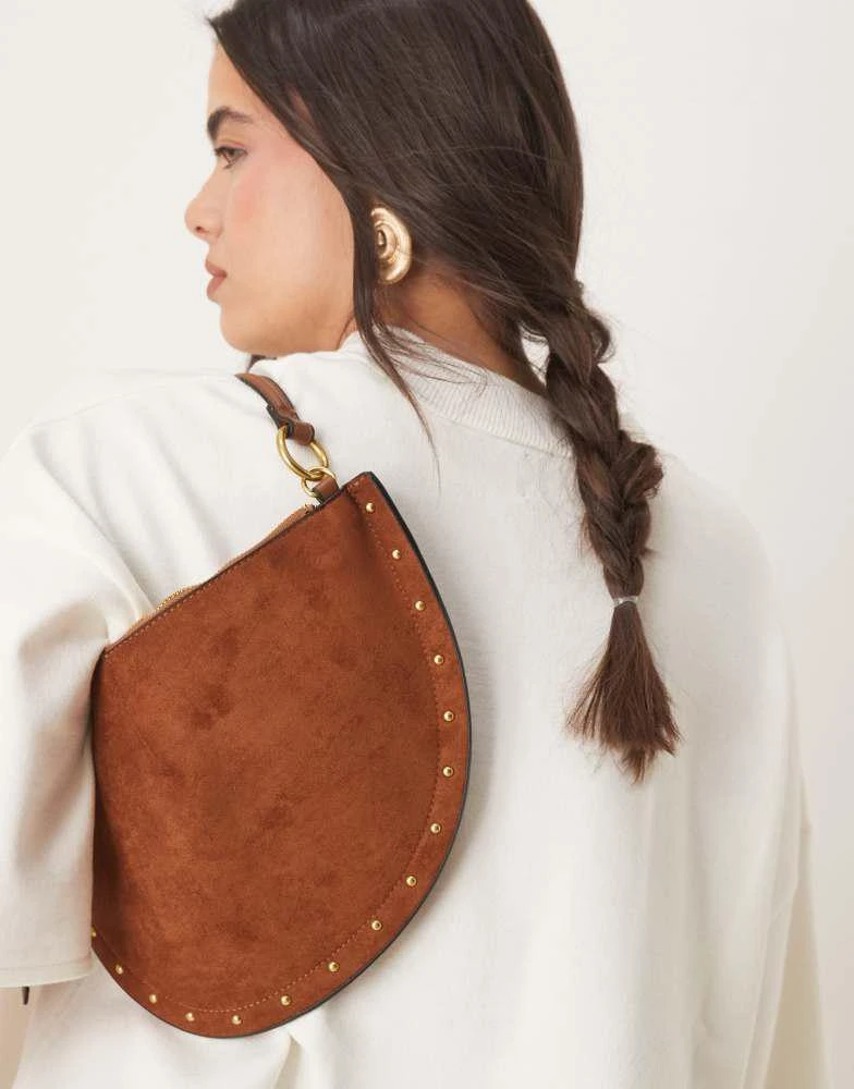ASOS ASOS DESIGN faux suede scoop studded shoulder bag in tan 1